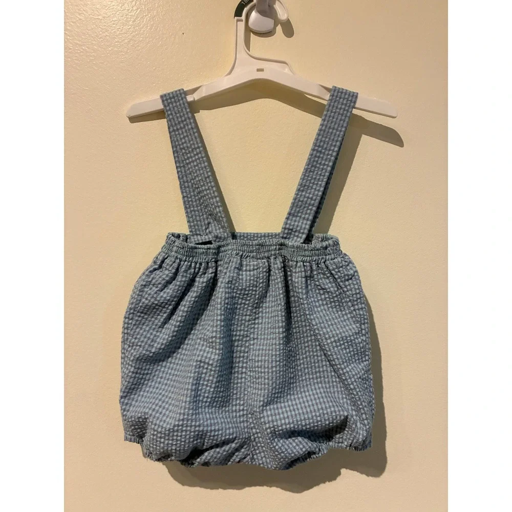 Rosey Kids Blue Gingham Seersucker Sunsuit Overalls Shorts 24M Vintage